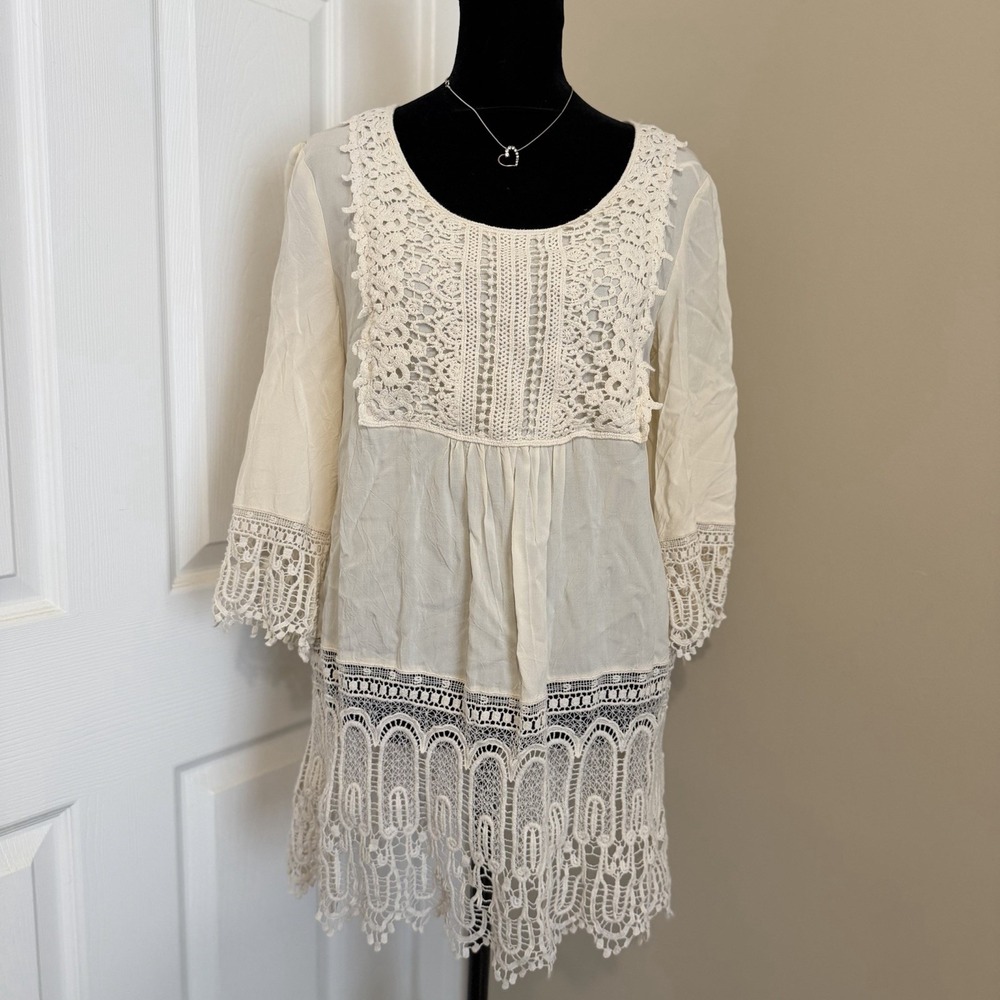 SOLITAIRE VTG Crochet Lace Boho Peasant Women's Top (L) Ivory Festival Cottage